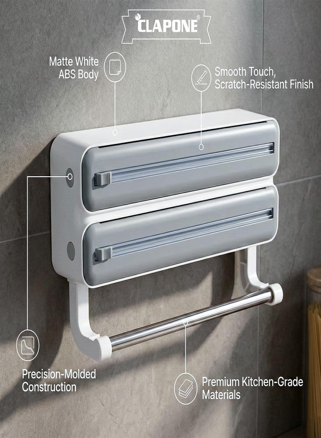 CLAPONE قاطع ورق القصدير وحامله، منظم ورق القصدير والبلاستيك مع حامل مناشف ورقية، متوافق مع ورق التغليف اللاصق، ورق القصدير وورق الشمع، موزع غلاف بلاستيكي مع قاطع (رمادي مزدوج الطبقات) - Image 2